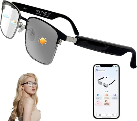 AI Smart Glasses with ChatGPT, Bluetooth Glasses for Women & Men, Photochromic Lenses, Real-Time Translation in 160+ Languages via APP, AI Glasses with Speakers for Indoor Outdoor (Silver)