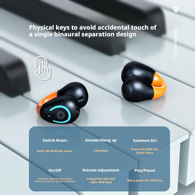 Open-Ear Wireless Headphones Bluetooth Clip On Mini Earbuds Charging Case Ear Buds Sports Bone Conduction Earphones for Workout Driving Walking (Orange)