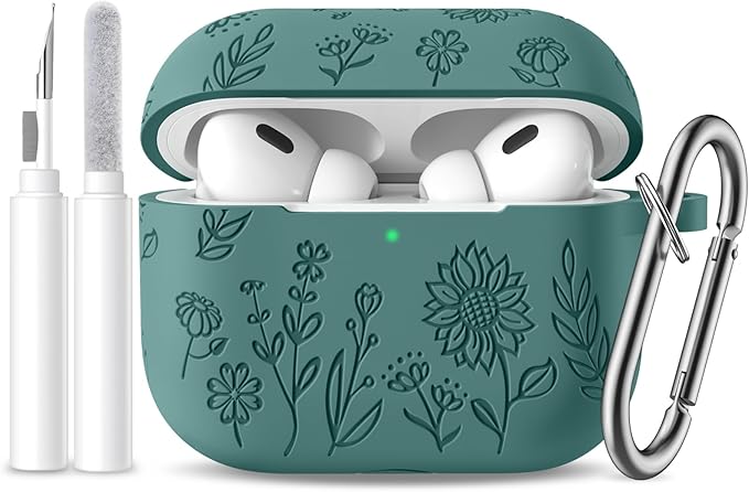 Hamile for AirPods Pro 2nd/1st Generation Case with Cleaner Kit & Keychain, Cute Flower Engraved Soft Silicone Protective AirPods Pro Case Cover for Apple AirPods Pro Case 2nd/1st Gen, Pine Green