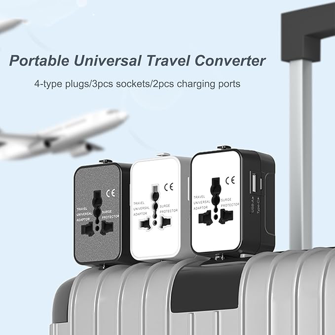 2025 Upgraded Universal Travel Adapter, Portable All in One International Power Adapter, European Travel Plug Adapter, for AC Power Plug USB-A Type-C Charging Ports with Double Fuse