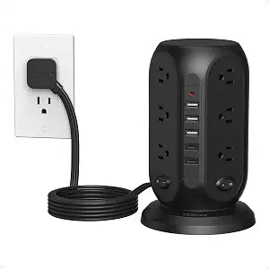 TESSAN Tower Power Strip Surge Protector, Flat Extension Cord 10 Ft,Black