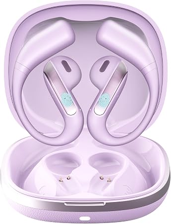 Piluyaa Open Ear Bluetooth 5.3 Earbuds, Wireless Headphones Sport Over Earphones Built-in Mic with Ear Hooks, 58H Playtime Ear Buds Fast Charging, IPX7 Waterproof for Running/Workout—Purple