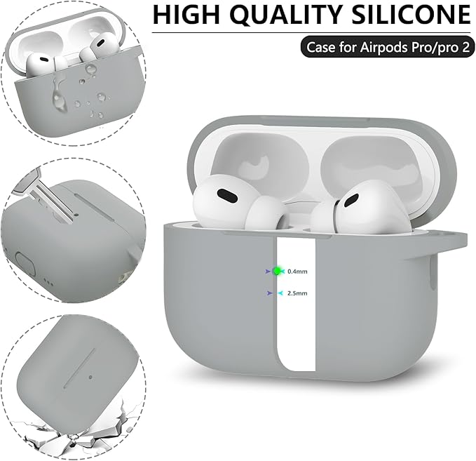 Ljusmicker for AirPods Pro Case, Cover with Cleaner Kit, Soft Silicone Protective Case for Apple AirPods Pro 1/2 Gen, AirPodPro 2 Case Accessories with Keychain - Light Grey