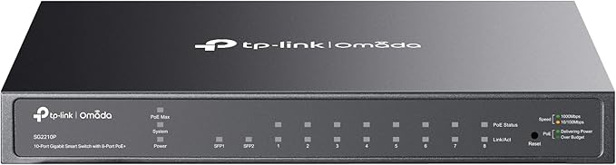 TP-Link TL-SG2210P V3 | Jetstream 8 Port Gigabit Smart Managed PoE Switch | 8 PoE+ Ports @61W, 2 SFP Slots | Omada SDN Integrated | PoE Recovery | IPv6 | Static Routing | Limited Lifetime Protection