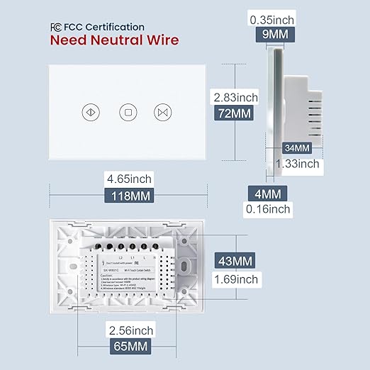 Smart Curtain Switch Neutral Wire Required, 2.4GHz WiFi Dimmer Light Switch with Remote Voice Control, Tempered Glass Panel, Compatible with Alexa and Google Home, White WiFi Curtain
