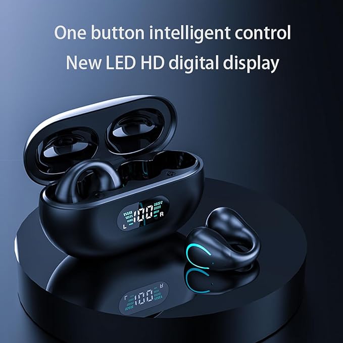 Open-Ear Wireless Headphones Bluetooth Clip On Mini Earbuds Charging Case Ear Buds Sports Bone Conduction Headphones Earphones for Workout Driving Walking (Black)