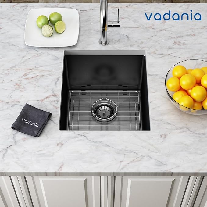 VADANIA 16-inch Kitchen Bar Sink, Black-plated Finish, 16"x18"x10", Single Bowl, Undermount, 18 Gauge T304 Stainless Steel, with Strainer & Bottom Grid, cUPC listed