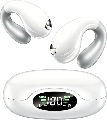 Upgraded Ultra Open Ear Earbuds - Lightweight Comfort Clip-On Wireless Bone Conduction Earbuds, Secure Fit & AI-Powered Clear Calls Bluetooth Open Ear Headphones for Work,Commute,Workout,Snow White
