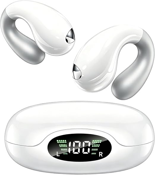 Upgraded Ultra Open Ear Earbuds - Lightweight Comfort Clip-On Wireless Bone Conduction Earbuds, Secure Fit & AI-Powered Clear Calls Bluetooth Open Ear Headphones for Work,Commute,Workout,Snow White