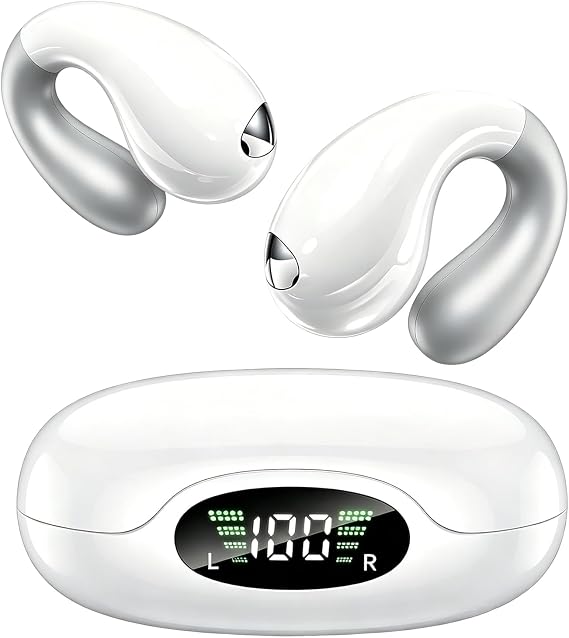 Upgraded Ultra Open Ear Earbuds - Lightweight Comfort Clip-On Wireless Bone Conduction Earbuds, Secure Fit & AI-Powered Clear Calls Bluetooth Open Ear Headphones for Work,Commute,Workout,Snow White