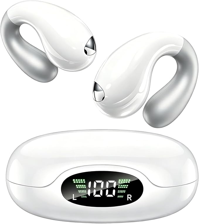 Upgraded Ultra Open Ear Earbuds - Lightweight Comfort Clip-On Wireless Bone Conduction Earbuds, Secure Fit & AI-Powered Clear Calls Bluetooth Open Ear Headphones for Work,Commute,Workout,Snow White
