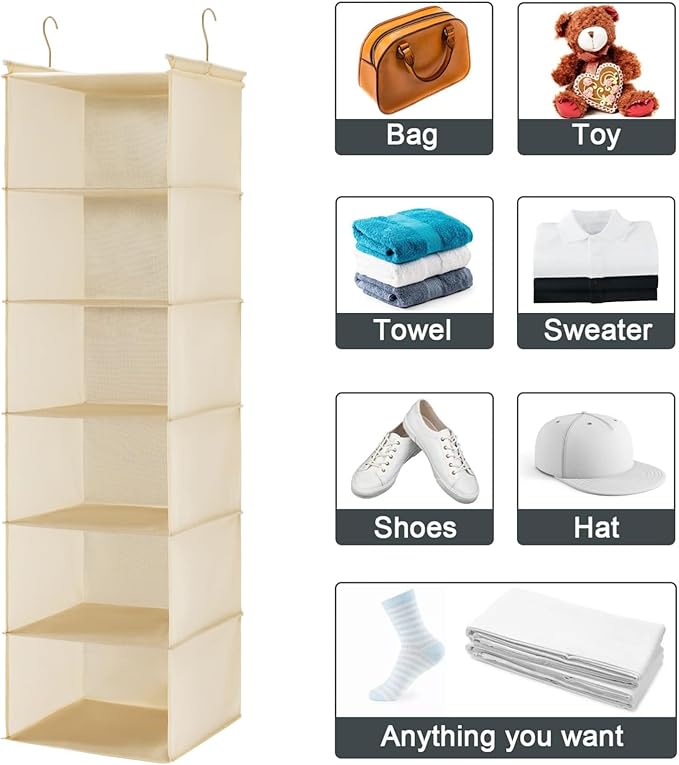 MAX Houser 6 Tier Shelf Hanging Closet Organizer, Closet Hanging Shelf with 2 Sturdy Hooks for Storage,2 Pack, Foldable (Yellow)