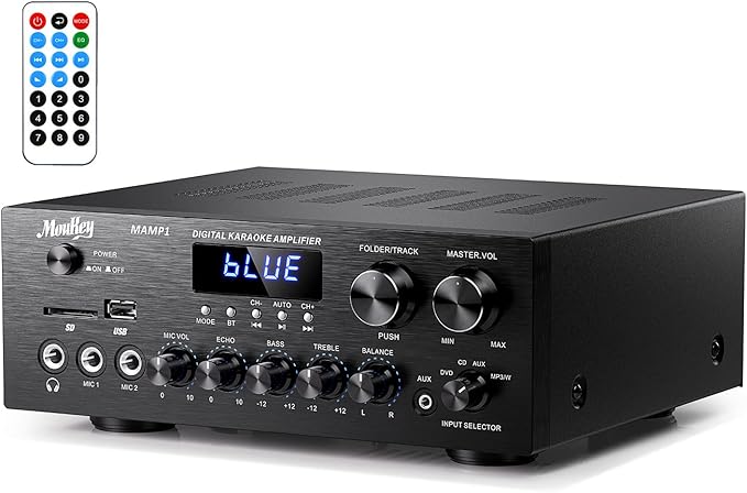 Moukey Stereo Receivers with Bluetooth 5.0, 2.0 Channel Power Audio Amplifier Stereo System w/USB, SD, AUX, RCA, MIC in w/Echo, LED for Karaoke, Home Theater Speakers, 400W Peak, 25W× 2 RMS- MAMP1