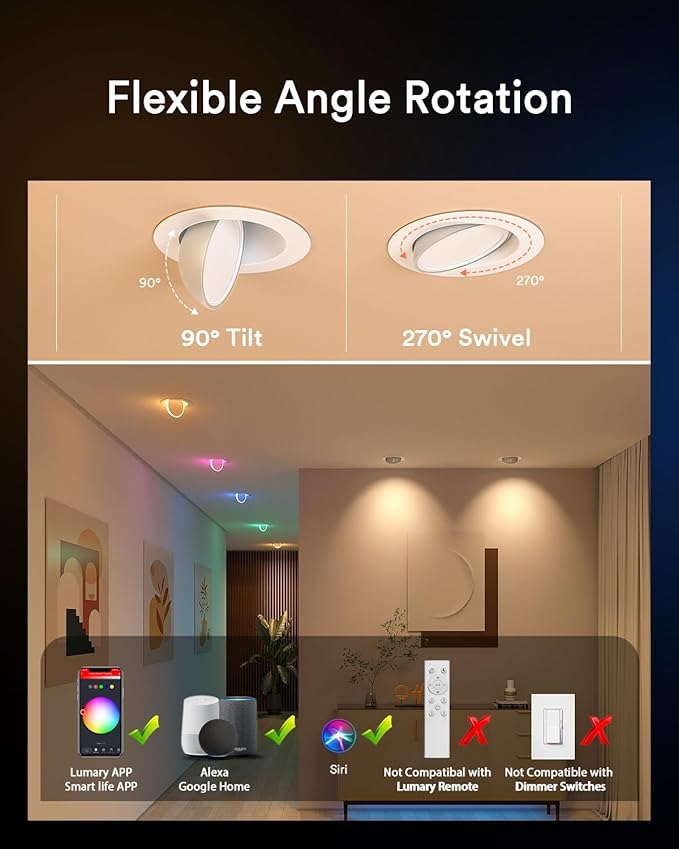 Lumary Smart Gimbal Recessed Lighting 4 Inch Pro, Dual-Controlled CCT Main & RGBAI Auxiliary WiFi LED Recessed Downlights, 270°+90° Adjustable Directional, Compatible with Alexa/Google, 1 Pack