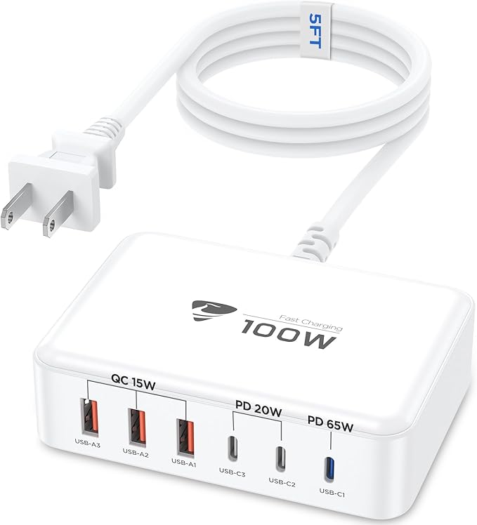 100W USB C Fast Charger Station 6 Ports (One Port 65W Max) Charging Block for Multiple Devices USB Wall Plug Charger Block for iPhone, iPad, Samsung, MacBook, Tablet, Laptop, 5FT Cord