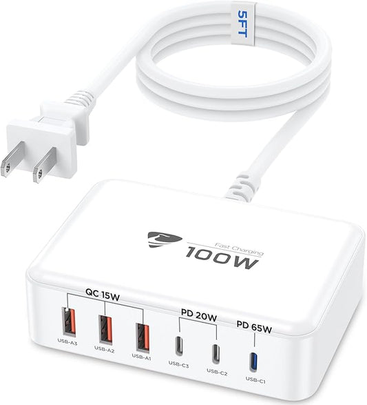 100W USB C Fast Charger Station 6 Ports (One Port 65W Max) Charging Block for Multiple Devices USB Wall Plug Charger Block for iPhone, iPad, Samsung, MacBook, Tablet, Laptop, 5FT Cord