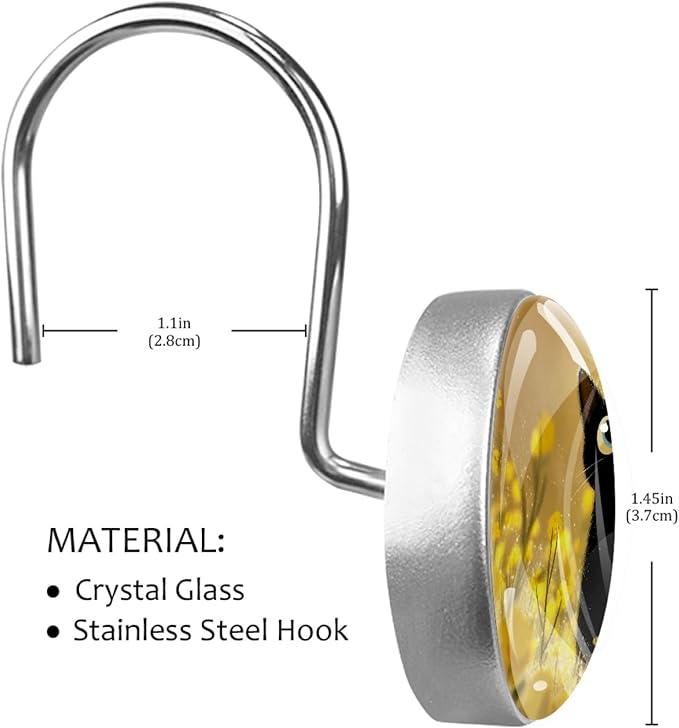 12 Packs Cute Cat in the Flowers Shower Curtain Hooks, Stainless Steel Glass Shower Curtain Rings for Bathroom Decor, Metal Rustproof Curtain Rod Hooks