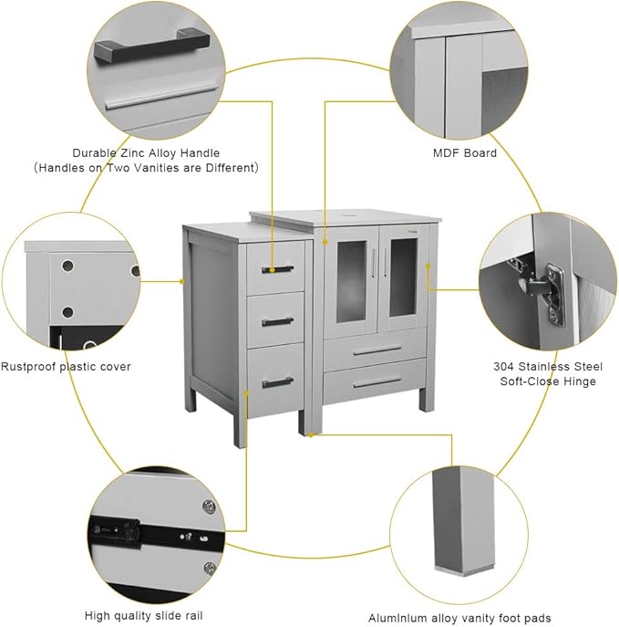 eclife 48" Modern Bathroom Vanity Sink Combo Freestanding Cabinet with Small Side Cabinet, White Square Ceramic Vessel Sink, Water Save Faucet, Drain (Gray+A07)