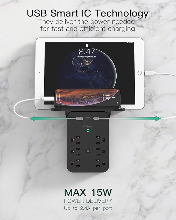 Wall Outlet Extender - Surge Protector 6 AC Outlets Multi Plug Outlet with Shelf, 2 USB and USB C Charging Ports Wall Plug Expander, USB Wall Charger Outlet Splitter for Home (Black)