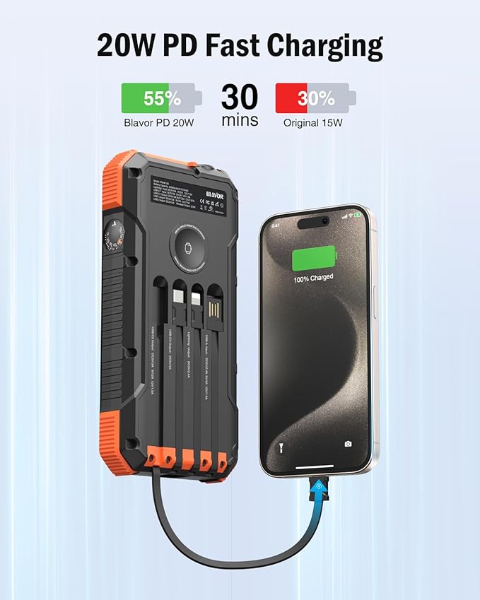BLAVOR Solar Power Bank 20000mAh Built in 4 Cables, 20W Fast Charging Portable Charger with Wireless Charger for Apple Watch, Super Bright Flashlight, Compatible with all Phones and Electronic Devices