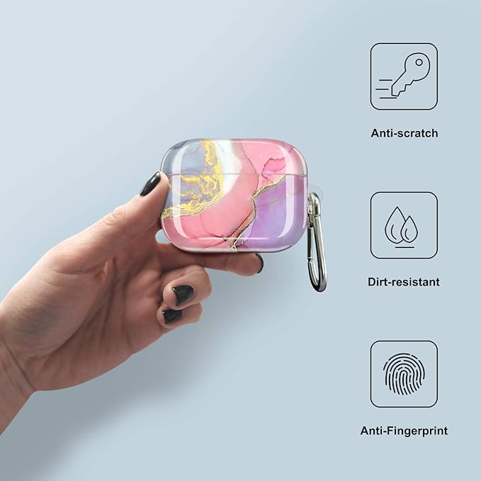 JIAXIUFEN Compatible with AirPods Pro 2019 / Airpods Pro 2nd Generation Case Cover Gold Sparkle Glitter Marble Design Cute Full Protective Silicone TPU Skin Accessories for Women Girl Pink Purple