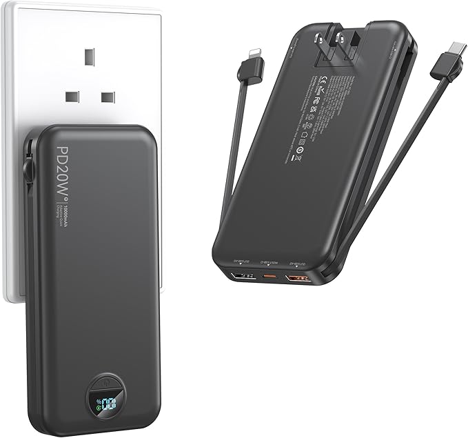 Portable Charger with Wall Plug, 10000mAh USB C Power Bank Fast Charging, External Battery Pack with Built in Cables, Digital Display, 5 Output 4 Input for iPhone Android Cell Phone Tablet