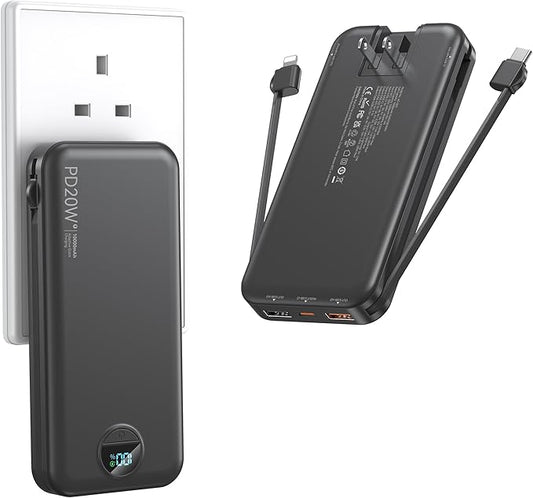 Portable Charger with Wall Plug, 10000mAh USB C Power Bank Fast Charging, External Battery Pack with Built in Cables, Digital Display, 5 Output 4 Input for iPhone Android Cell Phone Tablet