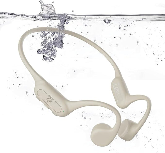 Bone Conduction Headphones IPX8 Waterproof Swimming Headphones Open Ear Headphones with MP3 Mode 32GB Memory 8H Playtime Bluetooth 5.4 Ear Buds Secure Fit for Running and Fitness (Apricot)