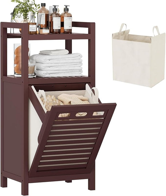 Homykic Tilt Out Laundry Hamper, 10 Gal Bamboo Laundry Storage Cabinet with Removable Basket, Hidden Hamper Organizer with Shelf for Dirty Clothes, Bathroom, Laundry Room, Space Saving, Espresso