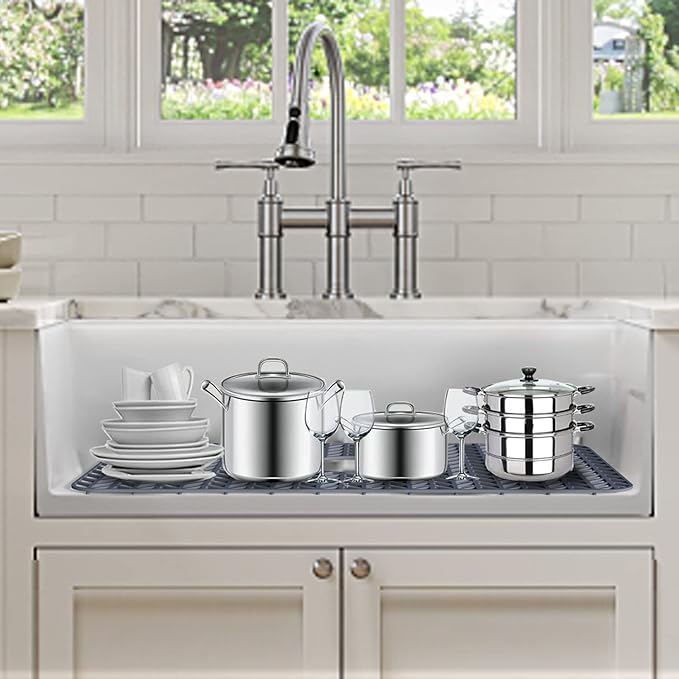AWOKE Sink Protectors for Kitchen Sink,Kitchen Sink Protector Mat - 28.6" x 14.5" Heat-Resistant Silicone Folding Non-Slip Mat for Stainless Steel Sink with Right Drain (Grey)