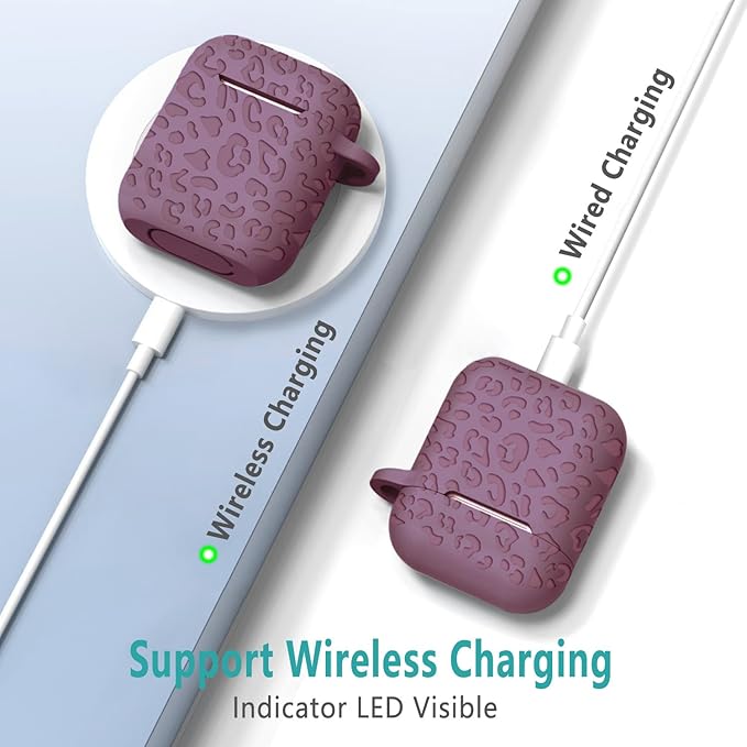 Compatible with Airpods Case Leopard Engraved Skin Cover Compatible with Airpods 2nd/1st Charging Case,Cute Soft Silicone Full Protective, Front LED Visible, Smoke Violet