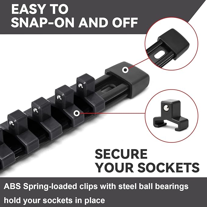 ALOANES 3PC ABS Socket Organizer, Socket Rails Fit 3/8 inch Drive, Heavy Duty Socket Holders Hold up to 45 Sockets, With Black Rails and Clips