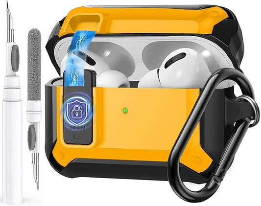 for Airpods Pro 3 Case with Magnetic Automatic Lock, Rugged Apple Airpods Pro 3rd Generation Cover 2025, Armor Shockproof iPod Pro3 Gen Protective Shell with Carabiner&Cleaner kit,Black/Yellow