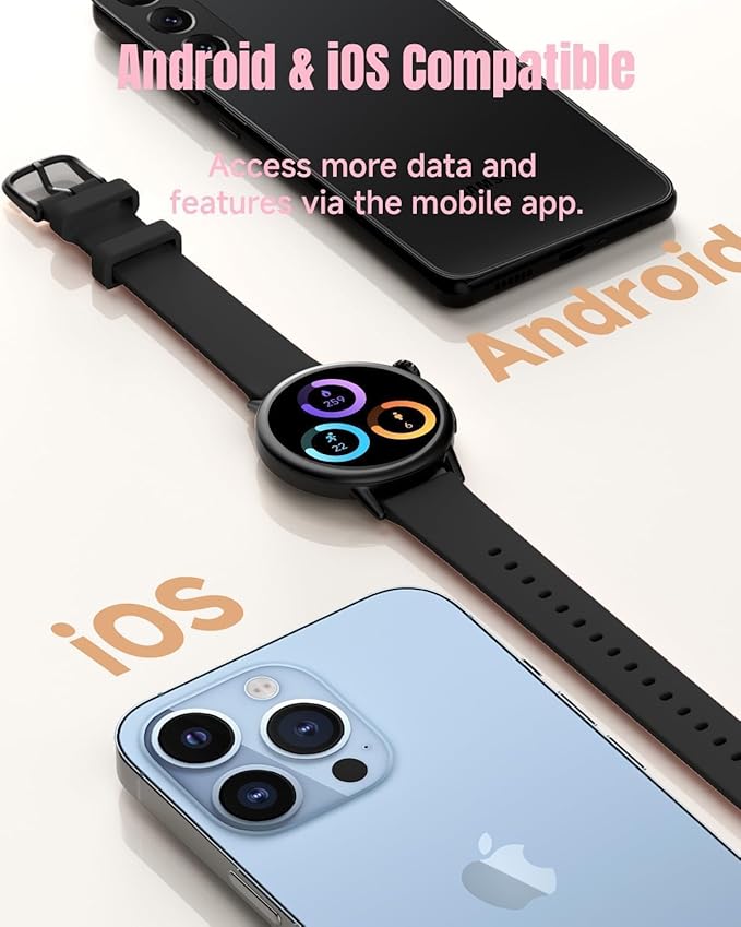 TOOBUR Petite Smart Watch for Women, 1.1'' AMOLED Screen Smartwatch, Compatible Android & iOS Phones, Answer/Make Calls, Fitness Tracker with Heart Rate/Step/Calories Monitor, 100+ Sports Modes, Black
