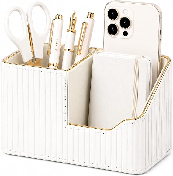 KINGFOM Luxury PU Leather Desk Organizer for Office Accessories, Aesthetic Pen Holder for Desk, Modern Desktop Storage Organizer for Home Office Supplies Cream White with Gold Trim