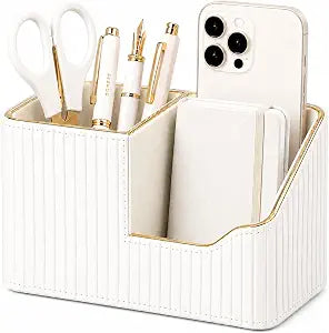 KINGFOM Luxury PU Leather Desk Organizer for Office Accessories, Aesthetic Pen Holder for Desk, Modern Desktop Storage Organizer for Home Office Supplies Cream White with Gold Trim