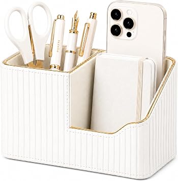 KINGFOM Luxury PU Leather Desk Organizer for Office Accessories, Aesthetic Pen Holder for Desk, Modern Desktop Storage Organizer for Home Office Supplies Cream White with Gold Trim