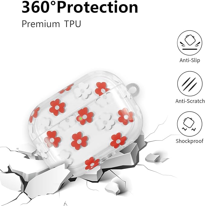 Compatible with AirPods Pro 2 Case Cover 2022, Soft TPU with Cute Flower Pattern for AirPods Pro 2nd/1st Generation Case with Flower Keychain and Carabiner for Girls Women (Red)
