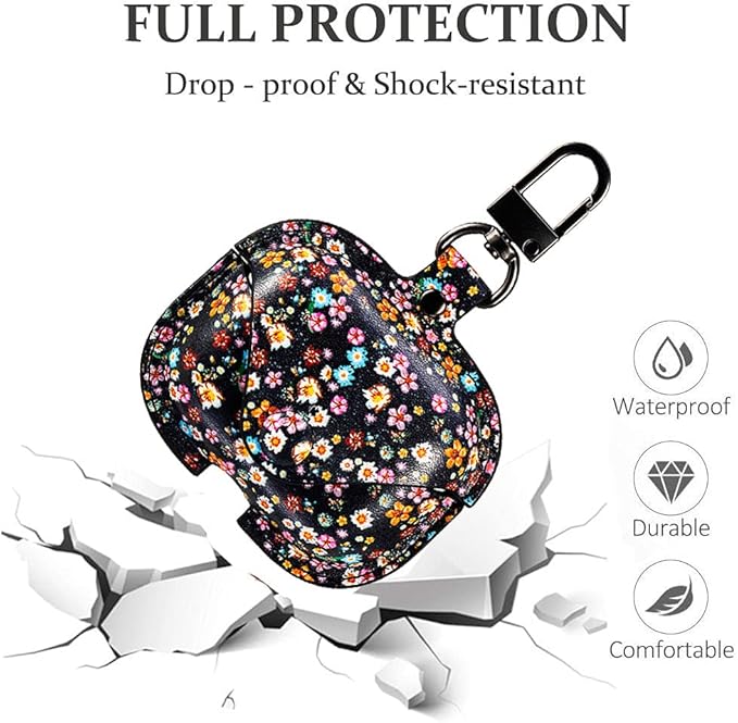 Genuine Leather Case Compatible with AirPods Pro Case 2nd/1st Gen (2023/2022/2019), VOMA Protective Cover for Apple AirPods Pro 2/Pro Wireless Charging Case with Keychain and Snap Lock Colorful Floral
