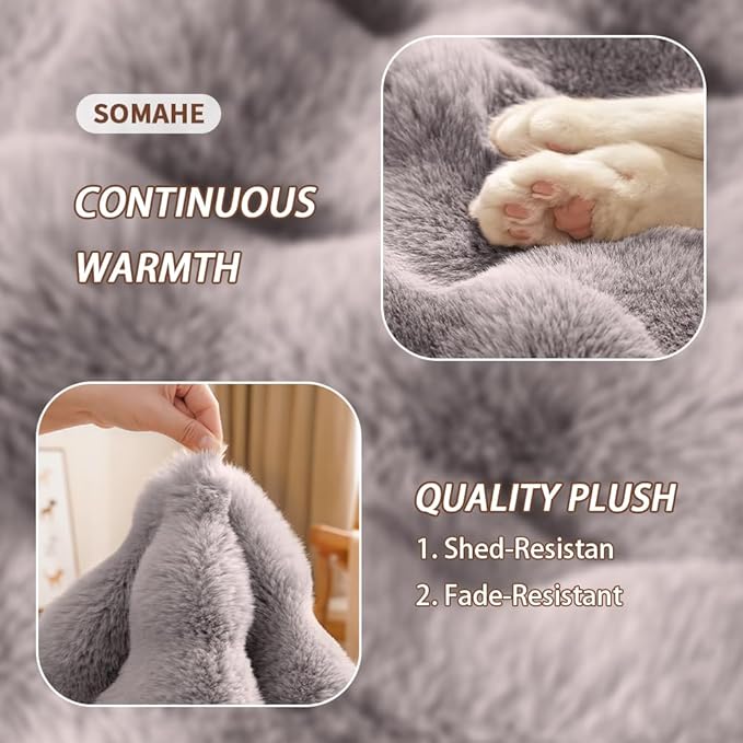 Cat Beds for Indoor Cats Faux Fur Pet Pad Mat Plush Kitten Bed with Non-Slip Bottom for Carriers/Couch Dog & Puppy Friendly 35 x 27 Inch X-Large Gery