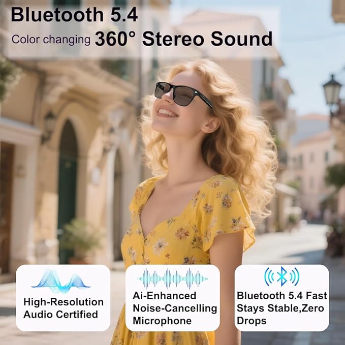 AI Smart Wireless Bluetooth Translation Glasses for Men/Women with Speakers/Bluetooth&140+ Languages Translation Sports/Travel/Drive/Busniess (E13+AI+Color Change Lenses+Black)