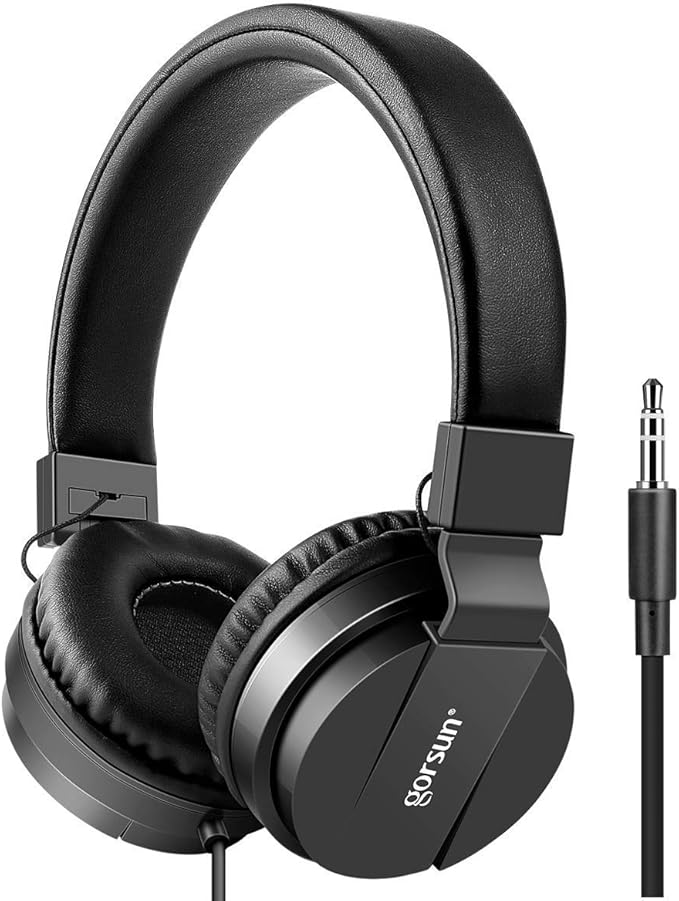 gorsun Kids Headphones, Lightweight Stereo Wired Toddler Headphones，Adjustable Headband Children's Headset for Smartphones Computer Pad Earphones(Black)