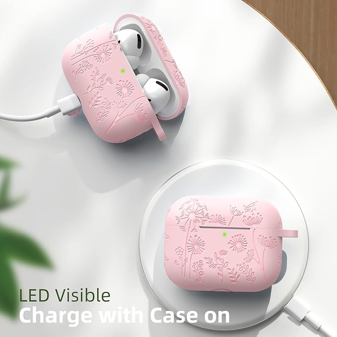 Lerobo Flower Engraved Cover for Airpods Pro Case 2nd 1st Generation Case USB C, Soft Silicone Full Protective Cover Compatible with Apple AirPod Pro/Pro 2 Case, Front LED Visible, Pink
