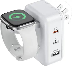 100W 4in1 Charger with Apple Watch Charging, Fast USB C Charger Block Dual Foldable Travel Essentials for iPhone 17/16/15 Series, iPad, MacBook Pro/Air, iWatch