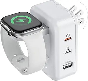 100W 4in1 Charger with Apple Watch Charging, Fast USB C Charger Block Dual Foldable Travel Essentials for iPhone 17/16/15 Series, iPad, MacBook Pro/Air, iWatch