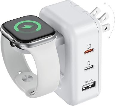 100W 4in1 Charger with Apple Watch Charging, Fast USB C Charger Block Dual Foldable Travel Essentials for iPhone 17/16/15 Series, iPad, MacBook Pro/Air, iWatch
