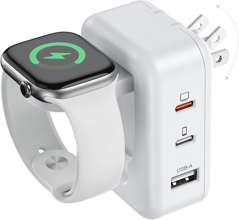 100W 4in1 Charger with Apple Watch Charging, Fast USB C Charger Block Dual Foldable Travel Essentials for iPhone 17/16/15 Series, iPad, MacBook Pro/Air, iWatch