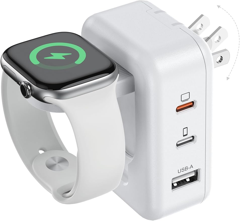 100W 4in1 Charger with Apple Watch Charging, Fast USB C Charger Block Dual Foldable Travel Essentials for iPhone 17/16/15 Series, iPad, MacBook Pro/Air, iWatch
