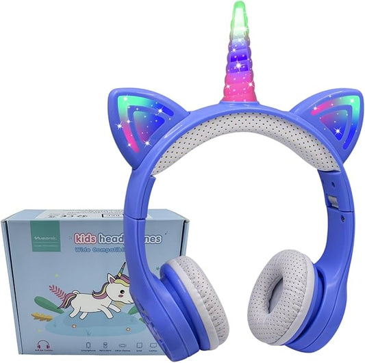 Unicorn Kids Bluetooth Headphones,15 Hours Play time, Toddler Bluetooth Headphones for Girls Boys Laptop Phones,Led Light Up Kids Wireless Headphone for Birthday Travel School Gifts (Blue)