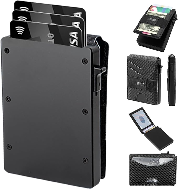 Slim Wallet for Men,Pop Up Wallet with Money Clip,holds 12 Cards,Metal Aluminum & Leather Credit Card Holder Bifold Wallet with ID Window,RFID Blocking Smart Wallet for Men,Men's Accessories